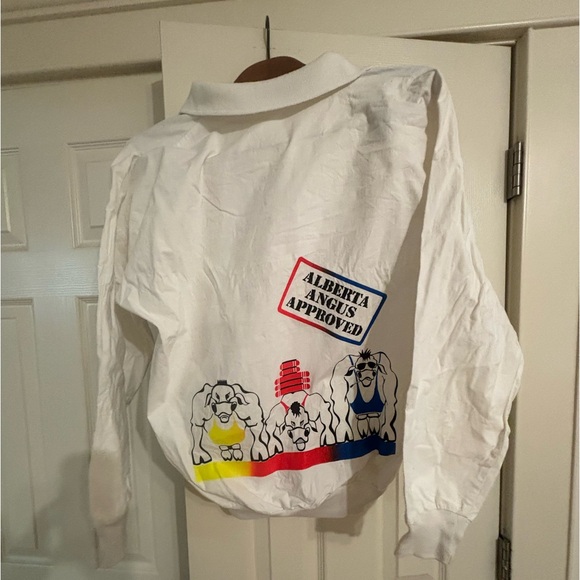 Vintage long sleeve white polo style shirt with colourful print size M - Picture 6 of 7